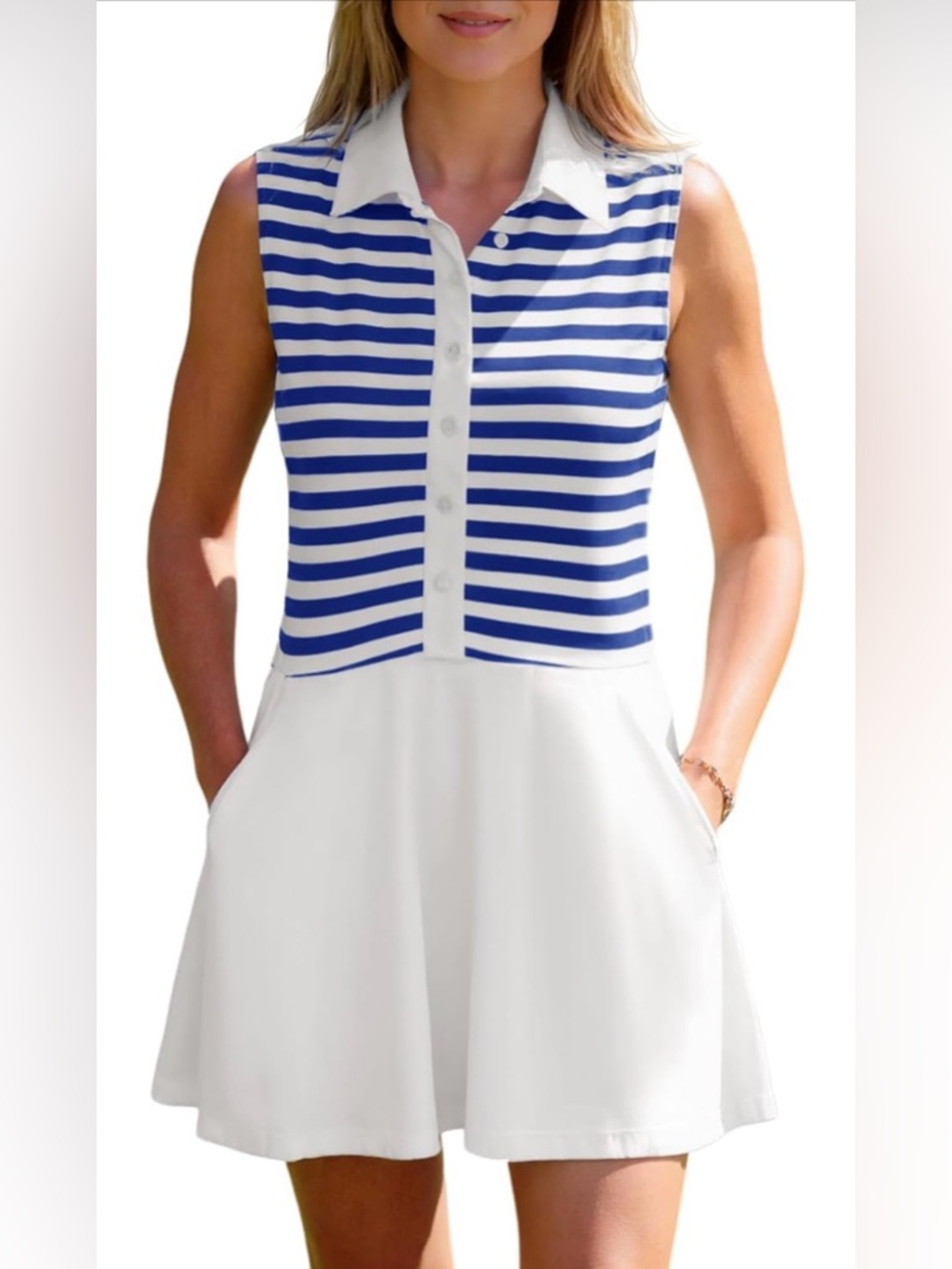 Fisoew Striped Casual Mini Dress Sleeveless Button Collared Loose Dress